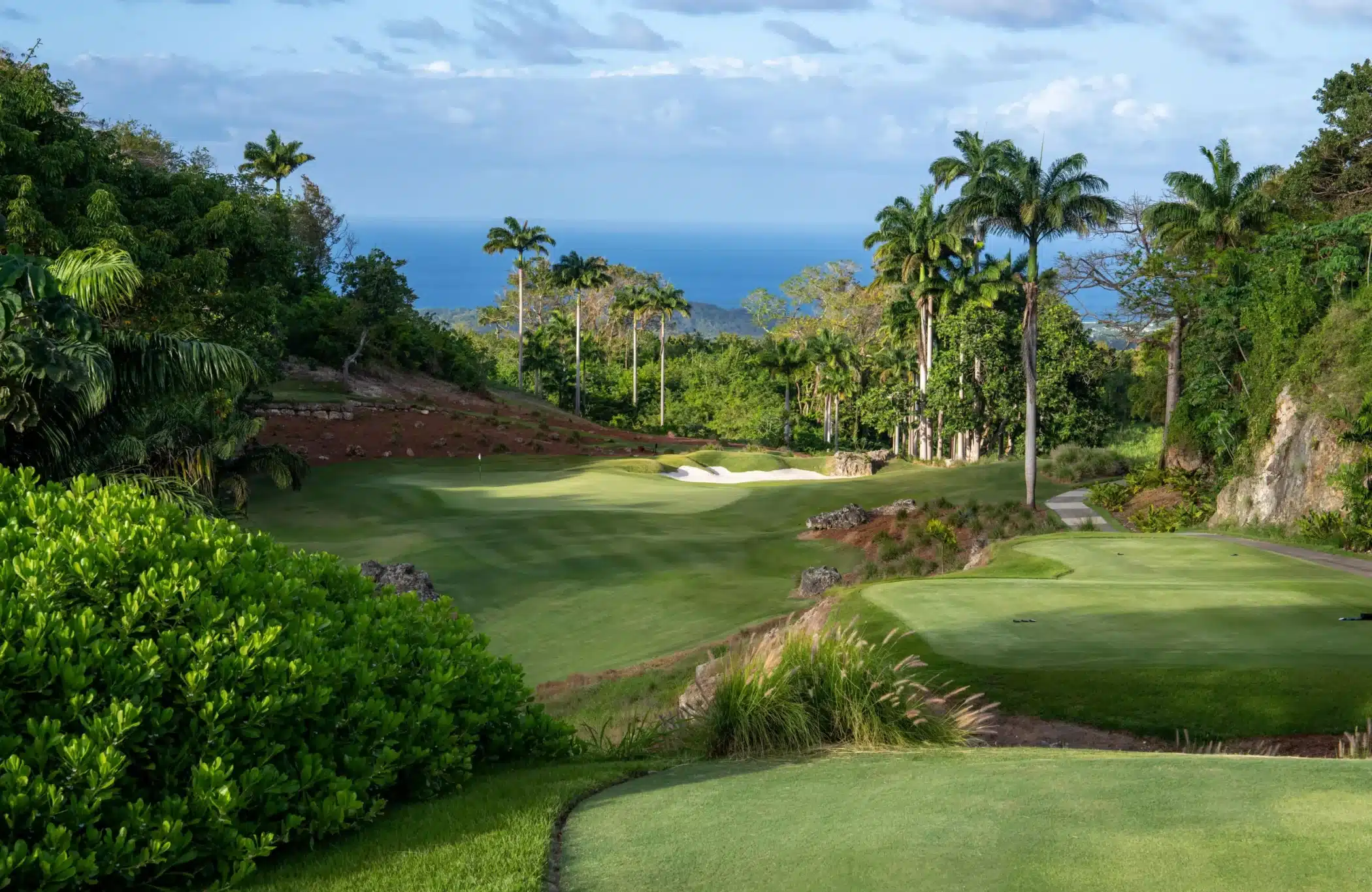 A lush green golf course surrounded by tropical trees and plants, with a distant view of the ocean under a partly cloudy sky.