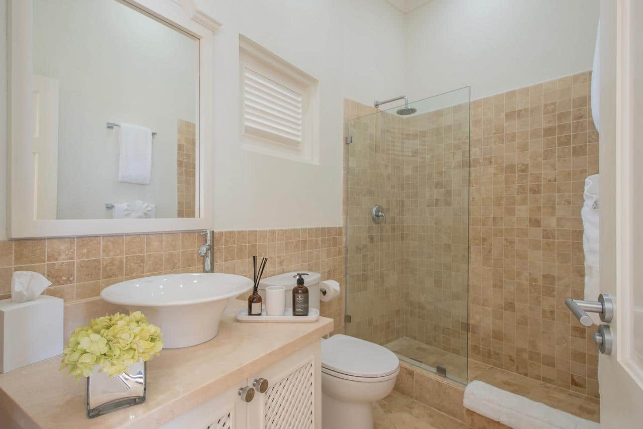 A modern bathroom with beige tiled walls, a glass shower, a white vessel sink, toiletries, a tissue box, and a vase with green flowers on the countertop creates an inviting atmosphere reminiscent of the serene luxury found in Aquilae-inspired interiors.