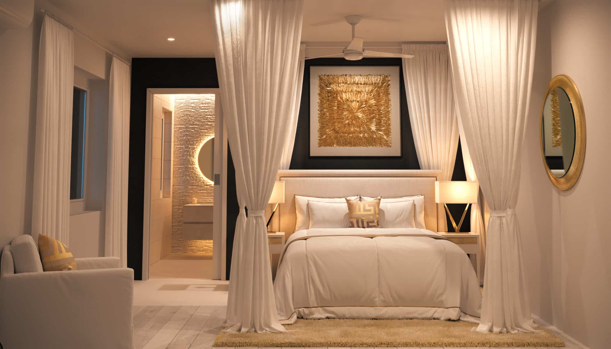 Modern bedroom at Solaris Beach House with a white bed framed by sheer curtains, gold accents, a round mirror, abstract artwork, bedside lamps, and an open doorway to a lit bathroom with textured walls.