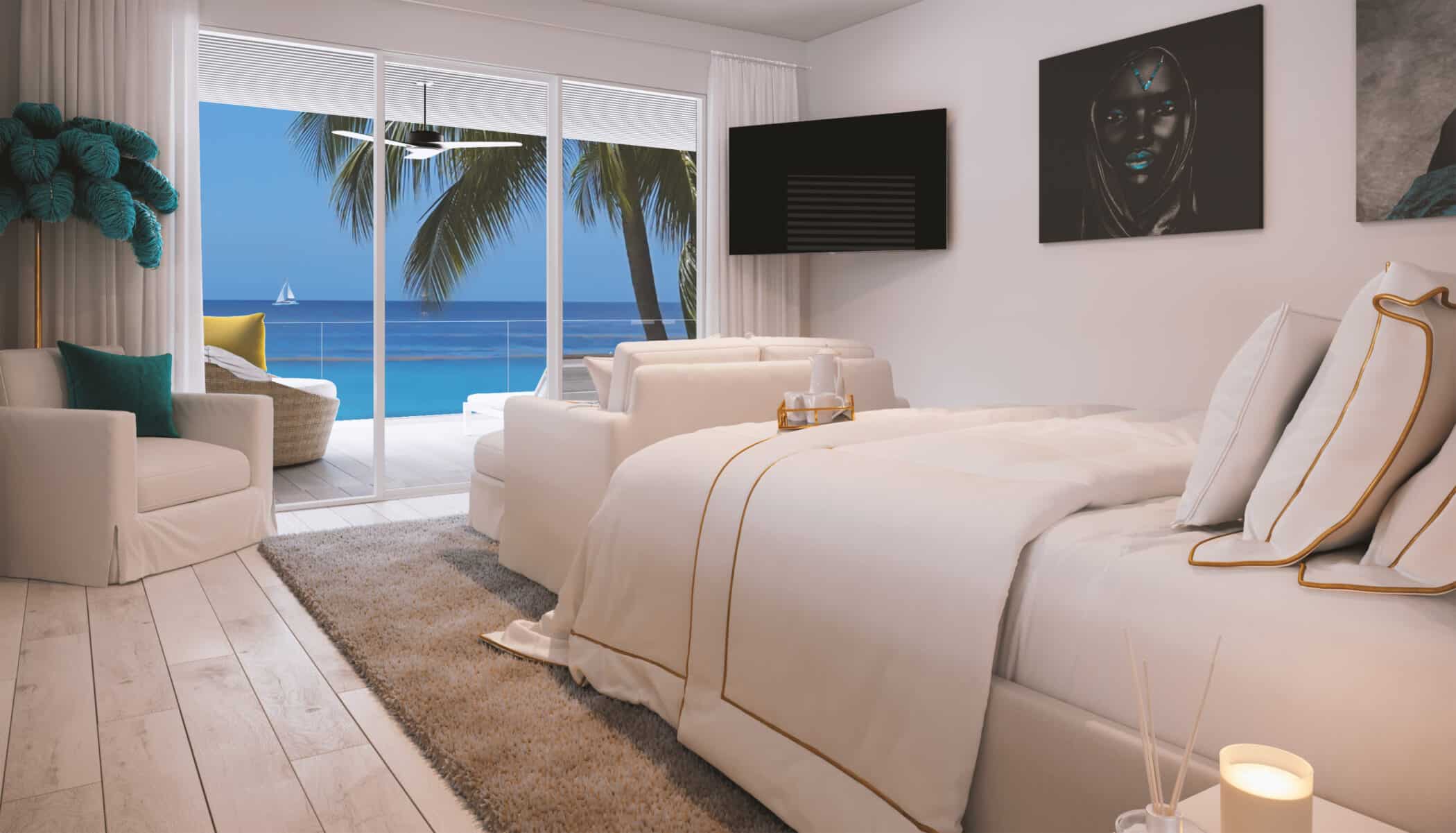 A modern bedroom at Solaris Beach House features white bedding, neutral decor, and a balcony overlooking the ocean at sunset. Palm trees and a sailboat are visible outside, while a large TV and art decorate the walls.