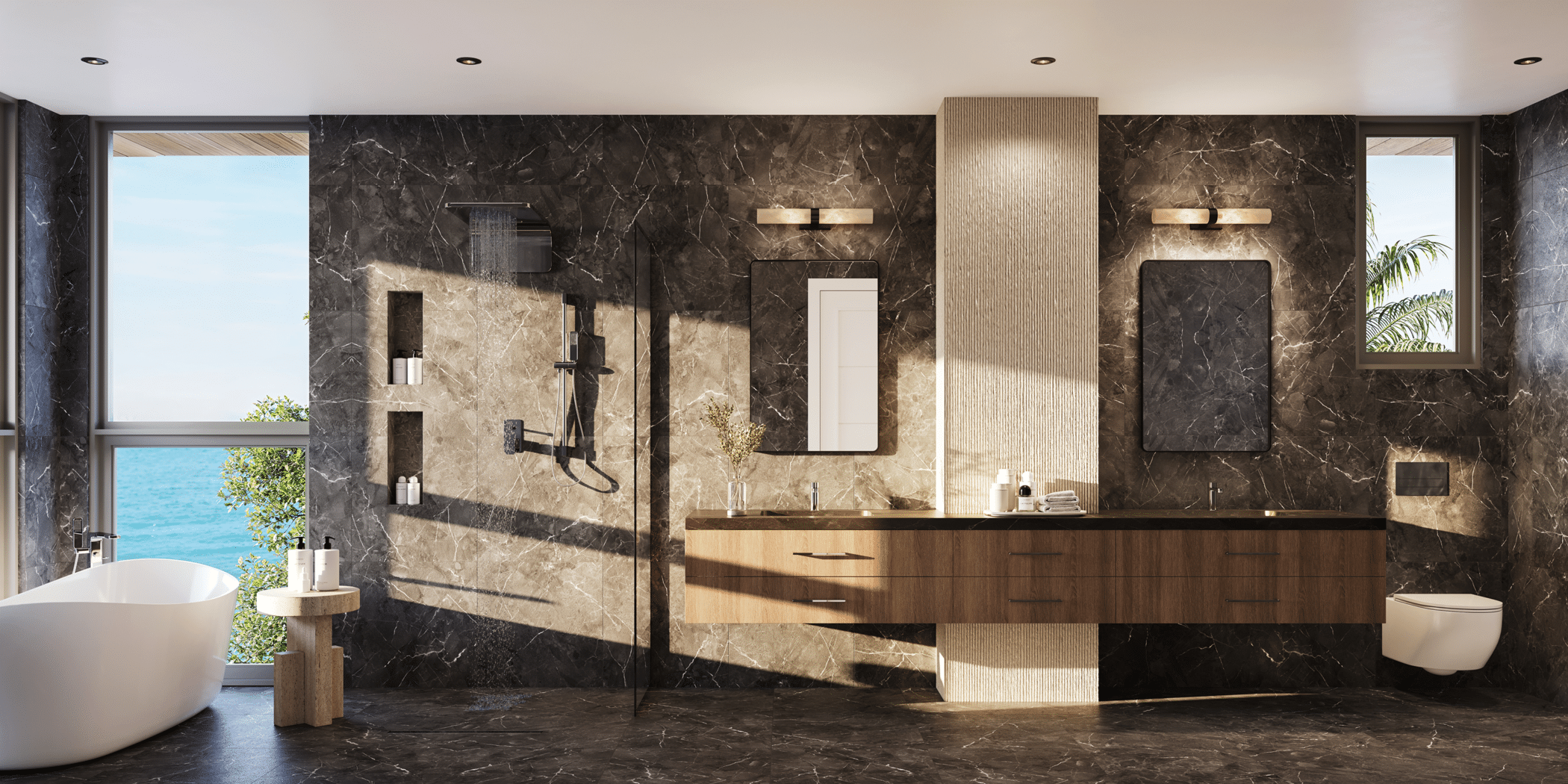 Modern bathroom with dark marble walls, a wooden vanity with two sinks, large wall mirrors, a freestanding white bathtub, open shelves, a walk-in shower, and large windows overlooking the ocean and trees.