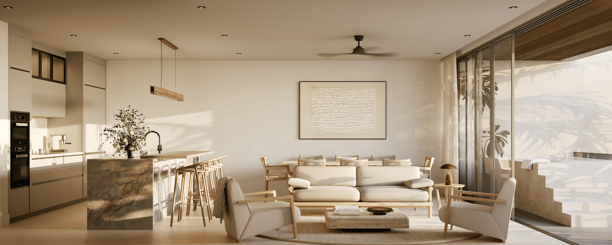 Modern open-plan living space with neutral tones, featuring a kitchen with an island and stools, a dining area, and a cozy lounge with armchairs and a sofa. Large glass doors open to a balcony with a hot tub.